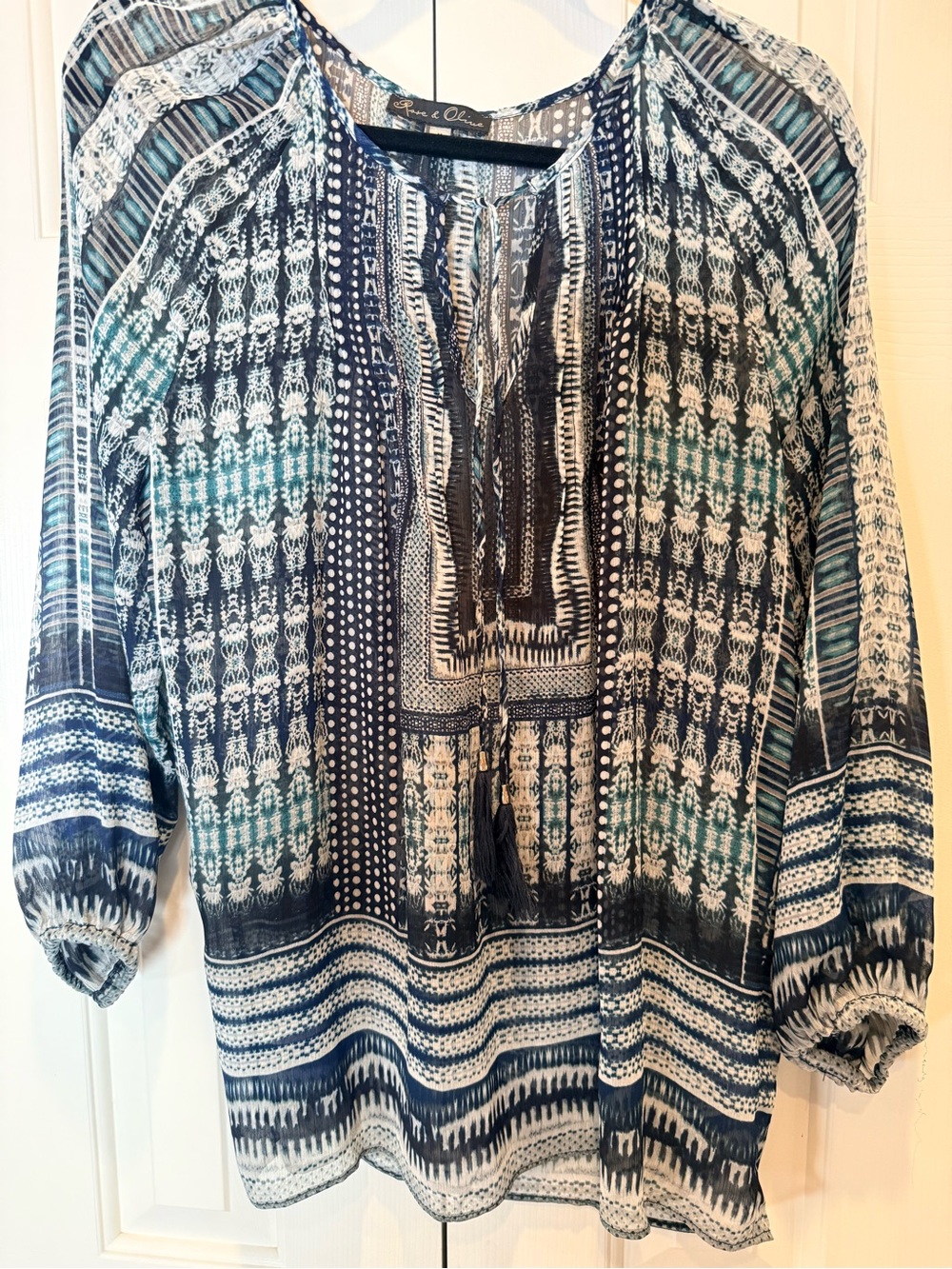 Boho Tie-Front Medium Printed Sheer Peasant Top - Navy & Teal